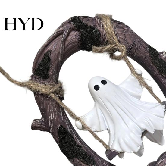 Handmade Resin Ghost Statue On Tree Swing Halloween Decor, Spooky Figurine with Vintage Detailed Sculpture for Office Base, Festive Party Tabletop