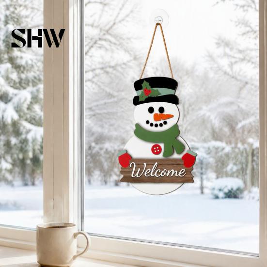 Rustic Christmas Home Accents 2D Wooden Welcome Hanging Sign, Cartoon Santa Snowman Tree Winter Seasonal Ornament Door Hanger with Rope, Xmas