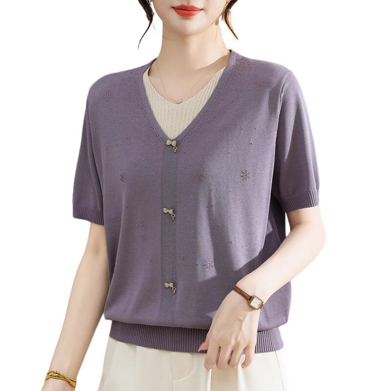 Hodo Women's Faux Two-Piece Short-Sleeve Ice Silk Knit Top