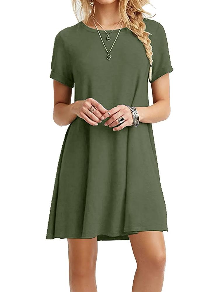 Elegant Short Sleeve Pleated Swing Round Neck Solid Color Loose Dress Women Casual Mini Beach Dress Vestidos