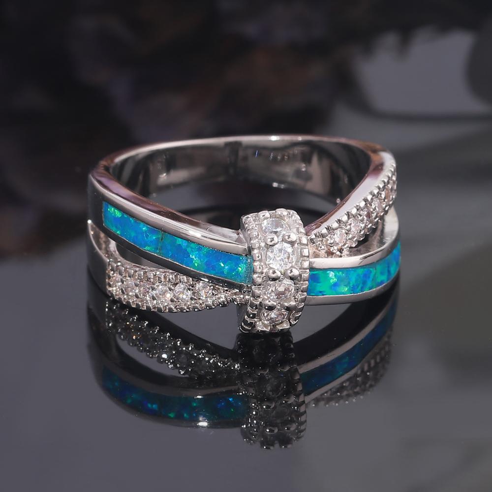 Кольца CiNily Mystic White/Blue Fire Opal Crossed Rings с посеребренным покрытием и кубическим цирконием для женщин, обручальные кольца, модные украшения для вечеринок 5