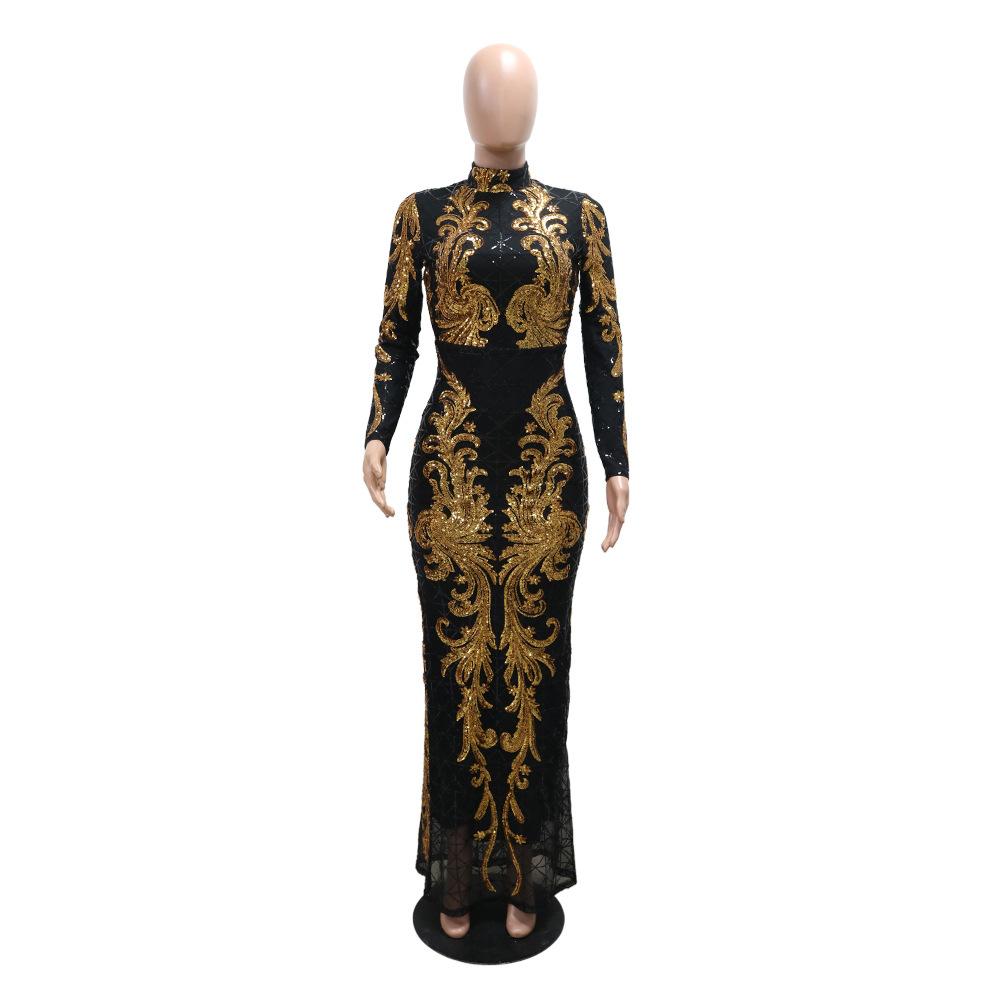 Women's Fashionable Sequined Long-sleeved Body-hugging Fishtail Dress and Slimming Dress