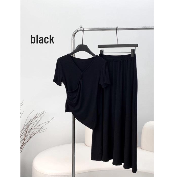 Elegant Women s V-Neck Pleated Summer Dress Set 2026 - Short-Sleeved T-Shirt and Skirt 2XL