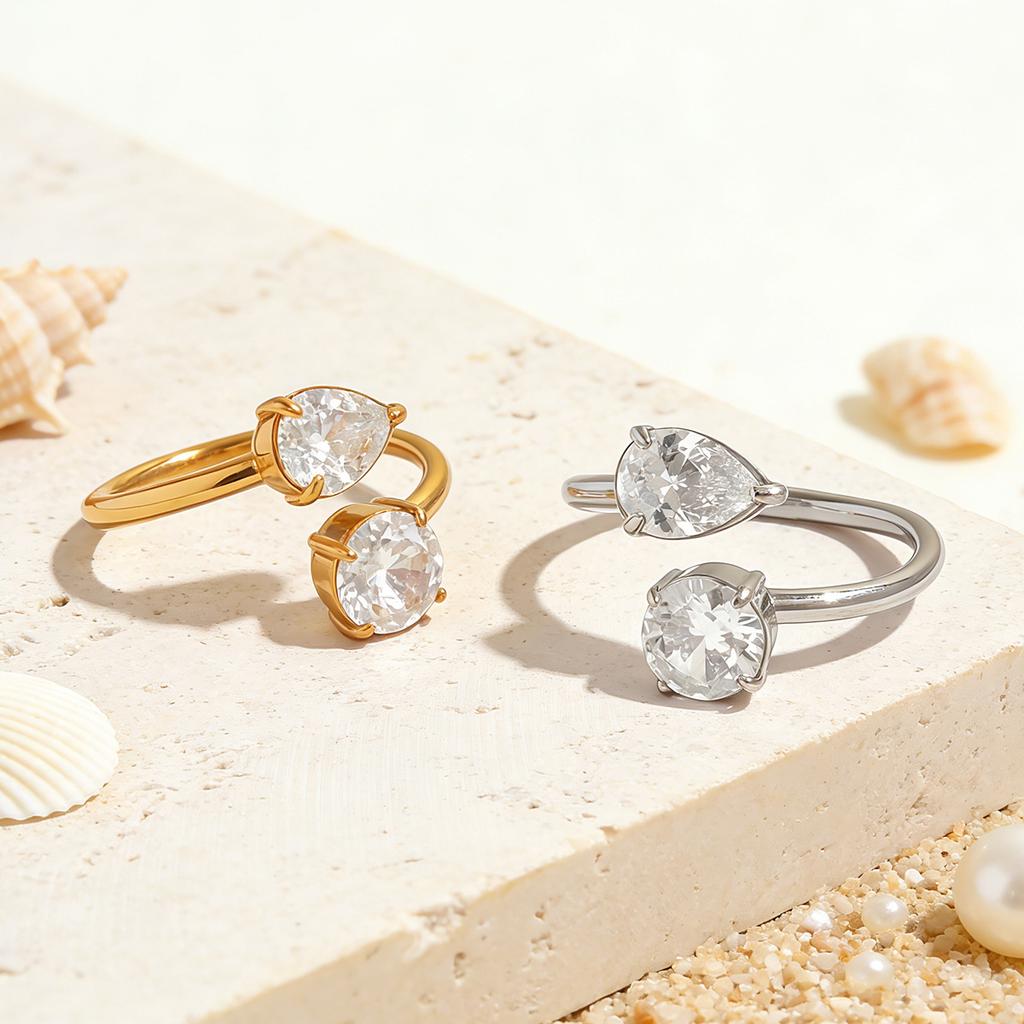 Stainless Steel Shiny Zircon Ring Women Water Drop Geometric Open Ring Light Luxury Minimalist Banquet Hand Jewelry Accessories