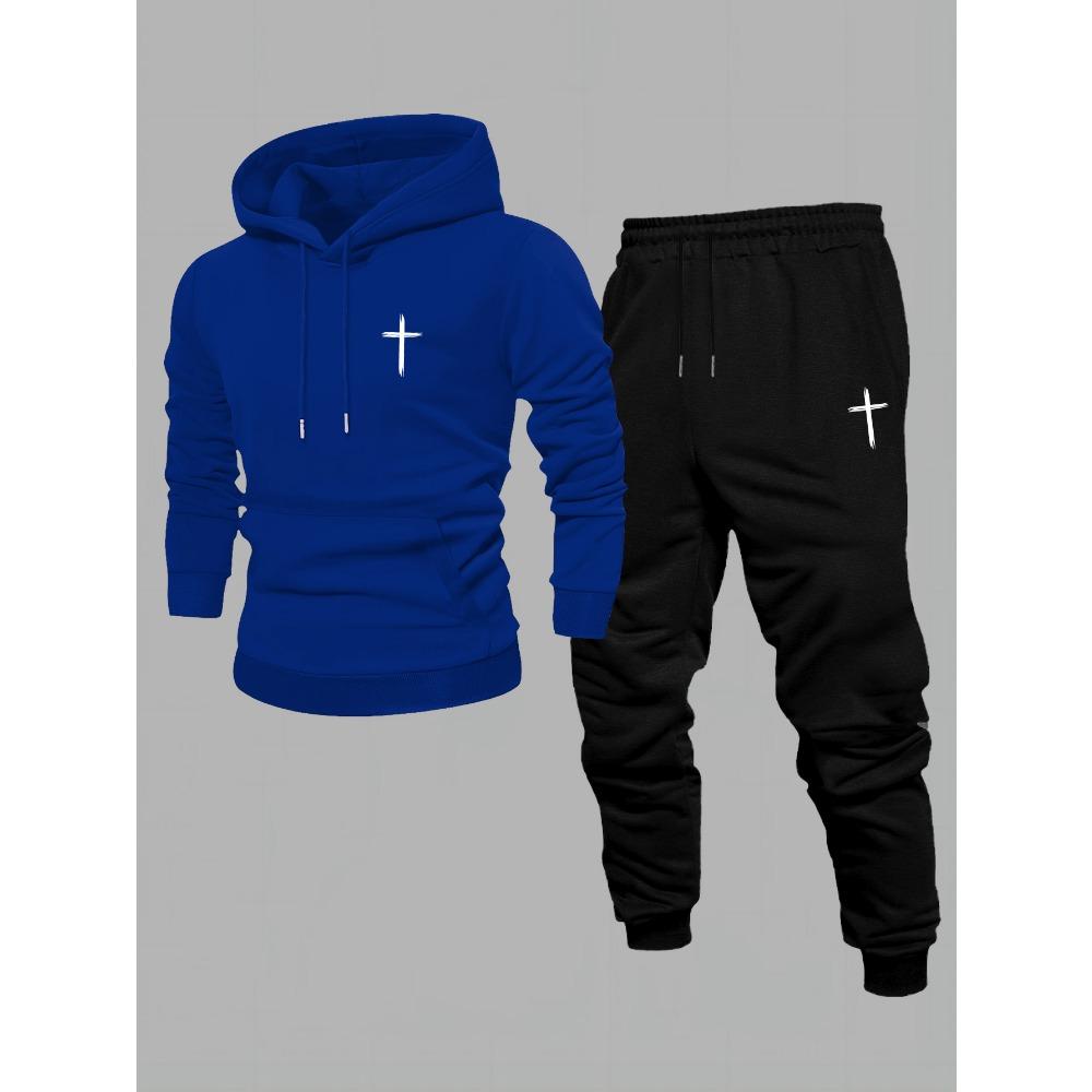 Men's Printed 2pcs Set, Casual Hooded Long Sleeve Sweatshirt and Jogger Pants Outfit, Suitable for Winter and Autumn, Sportswear Set