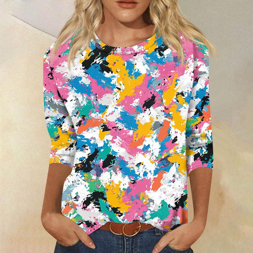 Women's Fashion Casual Seven Sleeve Printed Round Neck T-Shirt Top