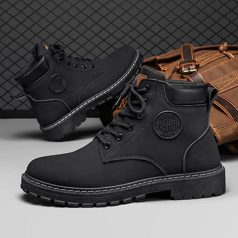 Men High Top Boots Fashion Casual Leather Boot Lace-Up Ankle Boot Non Slip Hiking Boots for Men Motorcycle Booties Botas Hombre