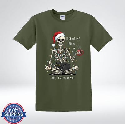 Santa Hat Skeleton With Black Cat Funny Festive and Sh*t Christmas Humor T-Shirt