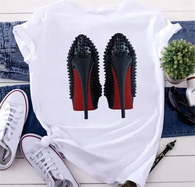 White T Shirt Women Top Casual Tshirt Fashion High Heel Shoes Print Femme Clothing Tshirt Harajuku Short Sleeve Female Tee Shirt