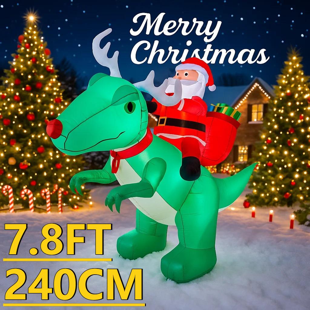 7.8FT LED Inflatable Xmas Yard Decor Santa Riding Dinosaur Christmas Decorations Lawn Garden Supplies Home Ornament Gifts Toy