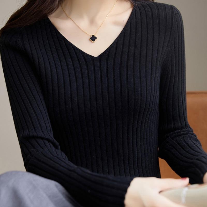 Autumn New Long Sleeve Casual Knitted Base Sweater Women Winter Solid Elegant V-neck Pullover Women Sweaters Slim Fit Fashion Office Lady Jumper 25033