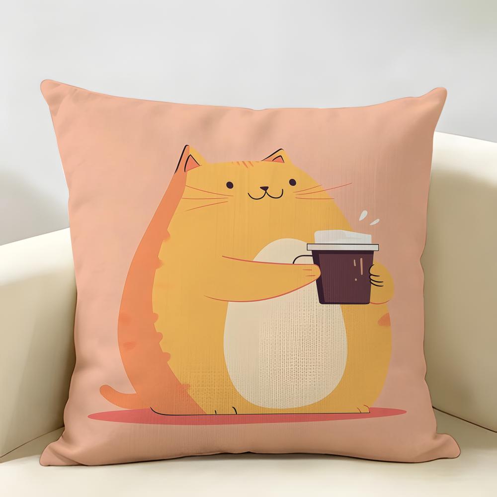 Cat Drink Coffee Cute Funny Cushion Cover Natural Linen Organic Fabric DoubleSided Printing Room Sofa Decor Pillow Case