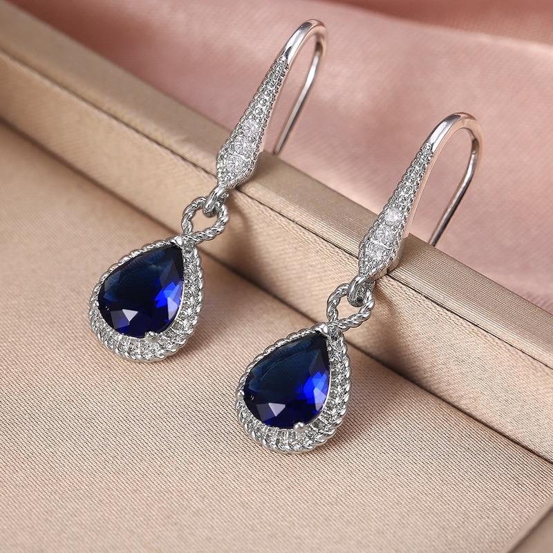 Elegant Dangle Earring for Women High Quality Silver Color Inlaid Blue Water Drop Shape Cubic Zirconia Classic Jewelry