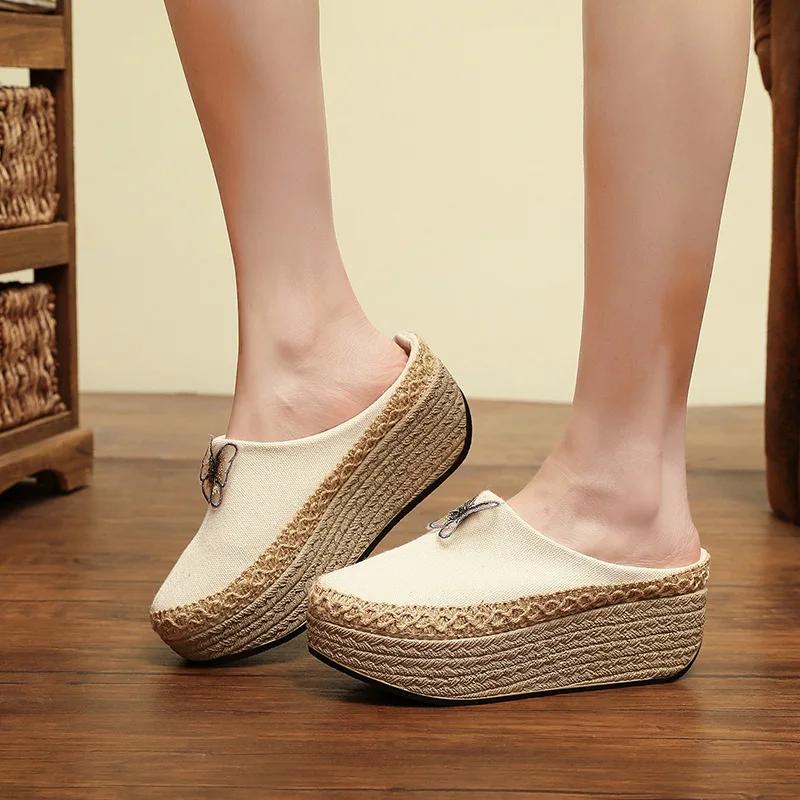 Fashion 2025 New Retro Handmade Women Canvas 5cm Platform Mules Slippers Butterfly Black Beige Leopard Comfortable Casual Slip On Shoes