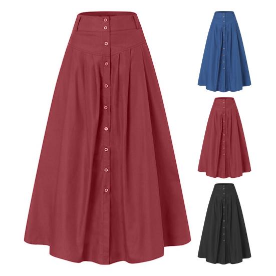 Women Skirt Solid Color High Waist All Match Button Decor A-line Summer Maxi