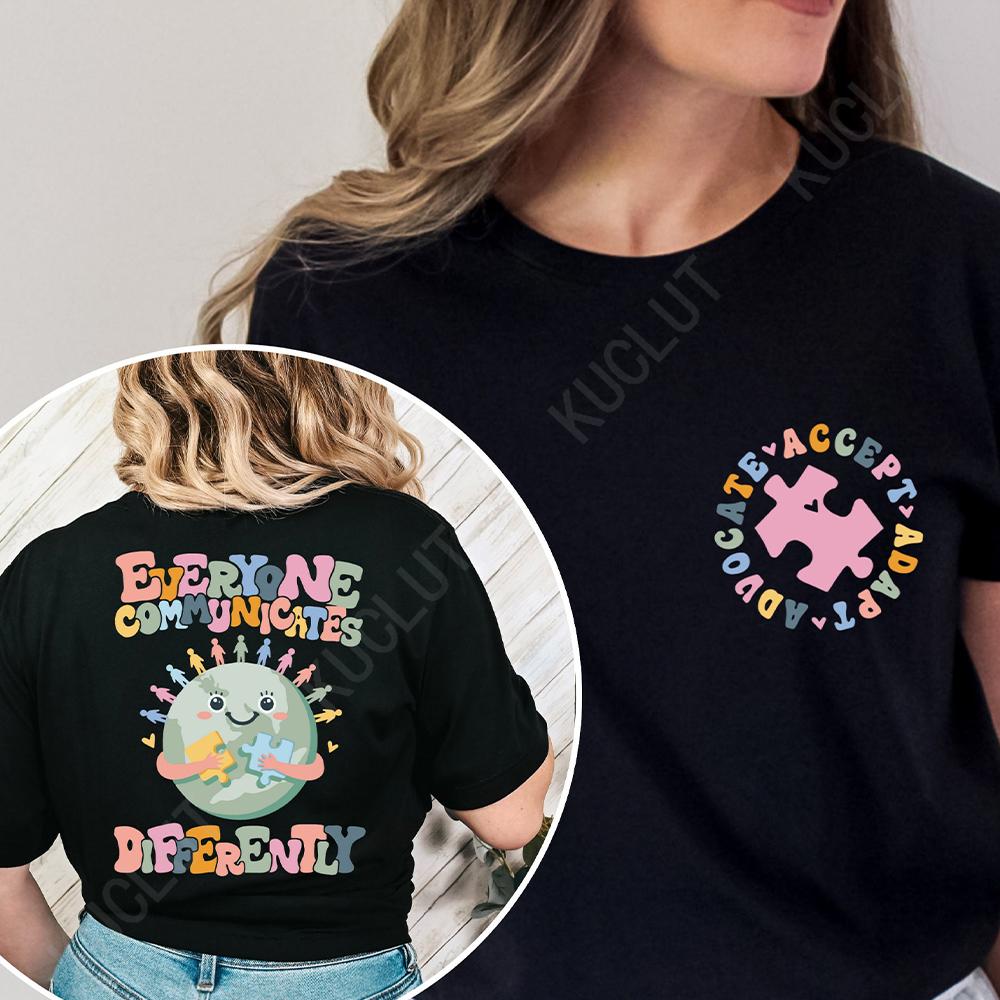 Everyone Communicates Differently Shirt Autism T-shirts Teacher Gift Tops Autism Awareness Teacher Tshirts Autism Month Tee Tops