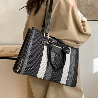 2025 Contrasting Stripes Retro Casual Large-capacity Commuter Shoulder Bag Tote Bag Handbag Trendy Versatile