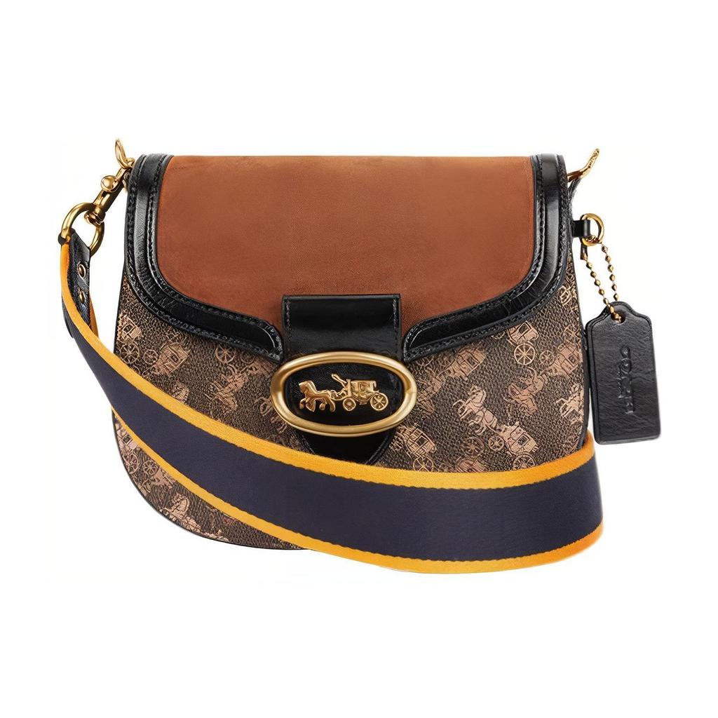 Coach Kat 21 Horse And Carriage Print PVC Saddle Bag Women Shoulder Bag Brass Black CJ393-B4AA8