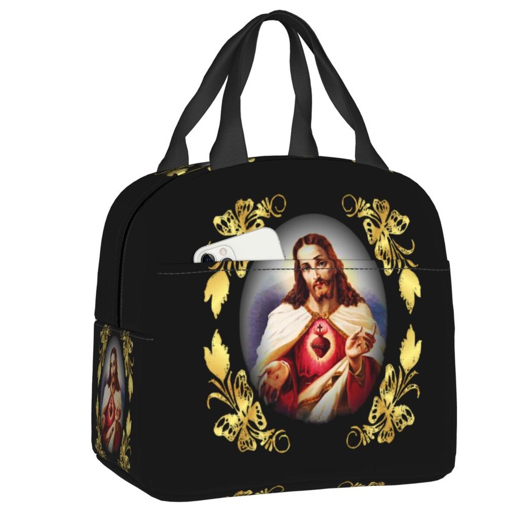 Custom Sacred Heart Of Jesus Lunch Bag Women Thermal Cooler Insulated Lunch Box for Kids School Children