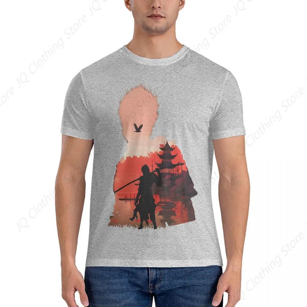 Men Negative Illusion Photographic Print T Shirts Black Myth Wukong Pure Cotton Clothing Cool Short Sleeve Round Neck