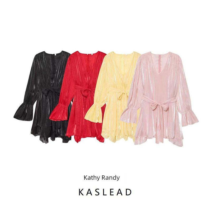 Kaslead New Women clothes Western Style Fashion Simple Loose Long sleeve V-neck Lace-up Dress