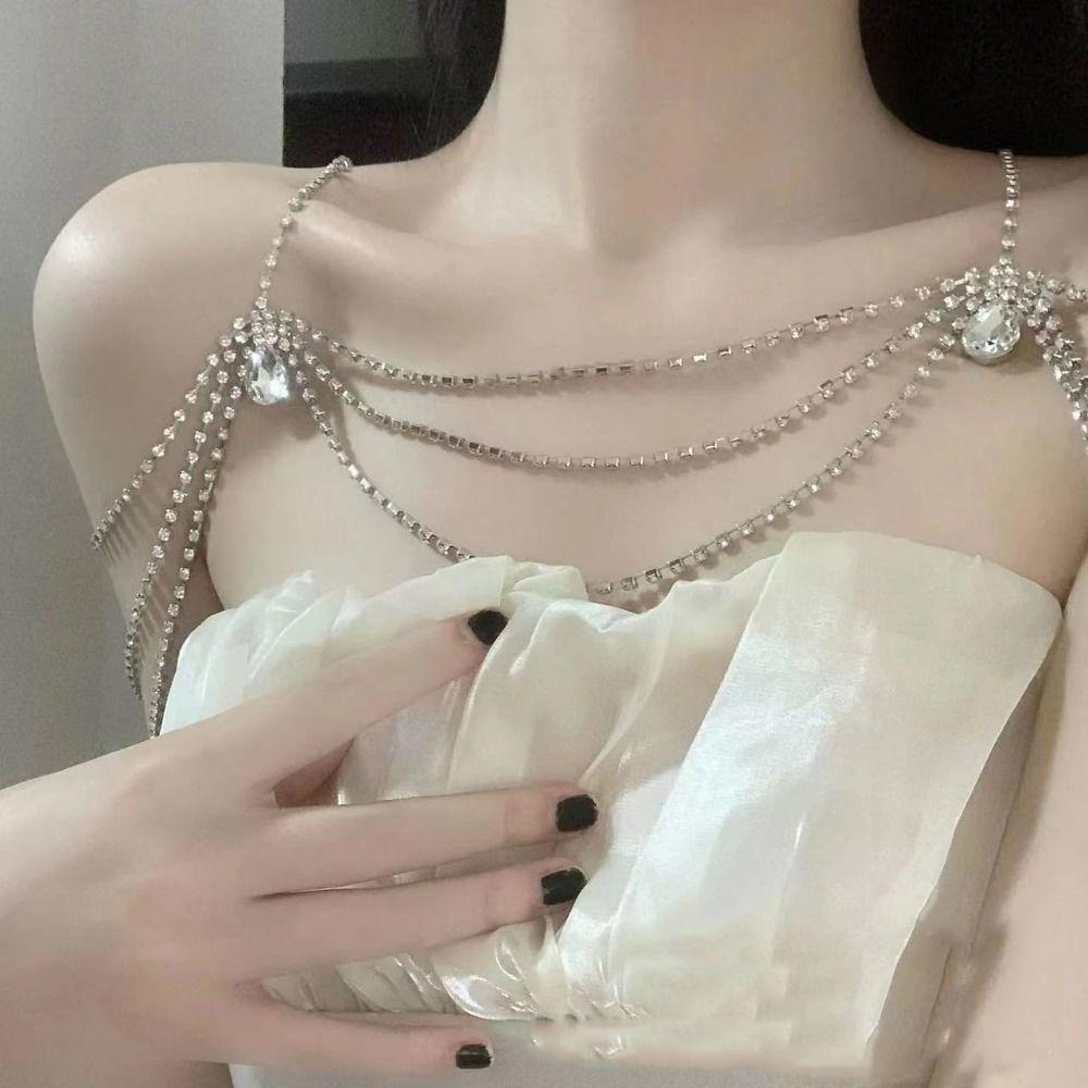 Luxury Bling Body Chain Water Drop Women's Shoulder Chain Rhinestone Collarbone Chain  Evening