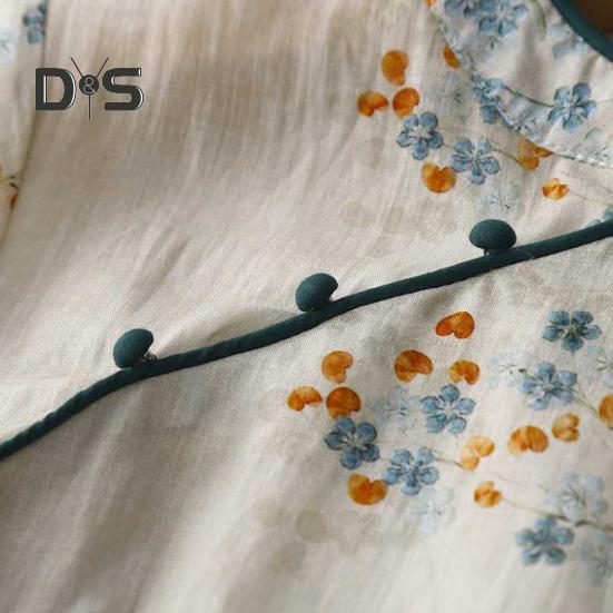 Vestido Midi Cheongsam Qipao Vintage com Estampa Floral para Mulheres Solto Manga Curta Estilo Chinês com Bolsos para Casamento