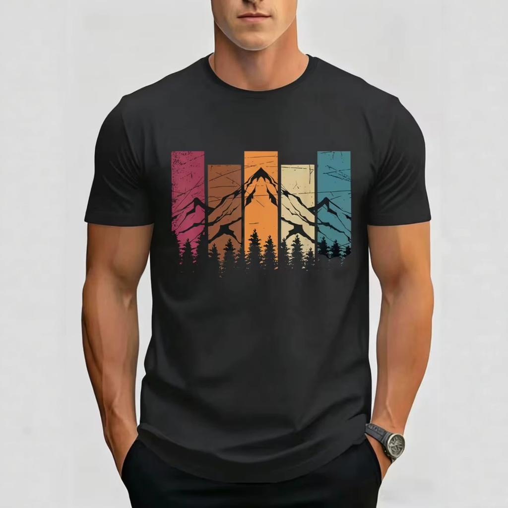 Summer Fashionable Comfortable Breathable Sweat Absorbing Men's T-shirt Colorful Vintage Mountain Forest Pattern Solid Color Printed Cotton T-shirt