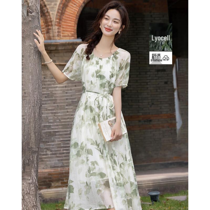 Demana Women s French Style Lyocell A-Line Printed Short Sleeve Belted Dress L