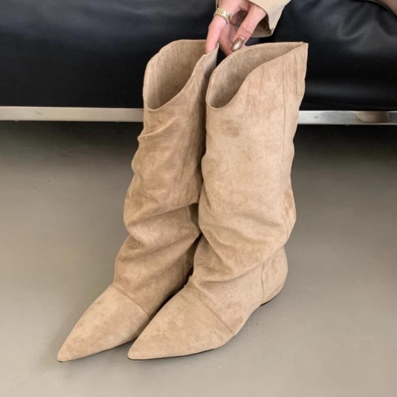 Women Flats High Boots Suede Casual Winter Shoes 2025 Trend New Knee High Chelsea Snow Boots Pleated Botas Woman Zapatos