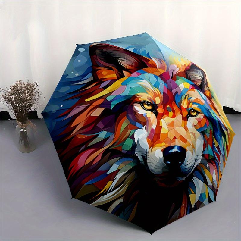 1pc Colorful Wolf Head Art Pattern Automatic Umbrella is Fashionable and Good-Looking, Suitable for Travel and Daily Use.R089