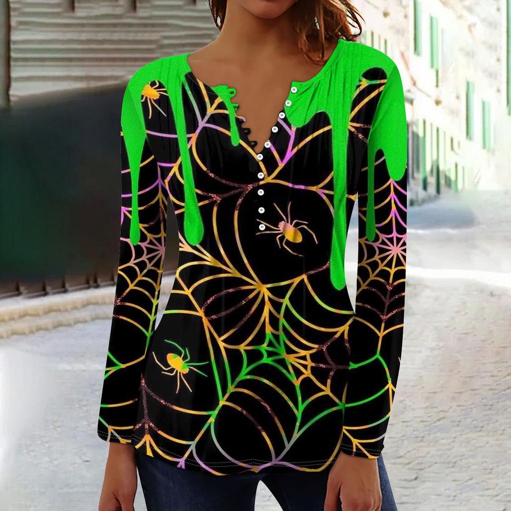 Dam Vår Höst Plisserad Knäppkrage Halloween Tryck Långärmad Topp