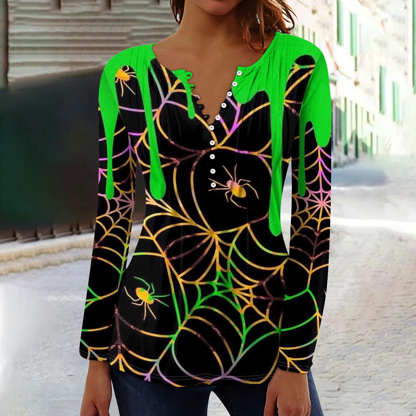 

Женский топ с длинными рукавами и плиссированным воротником на пуговицах с принтом Хэллоуина, весна-осень M зелёный