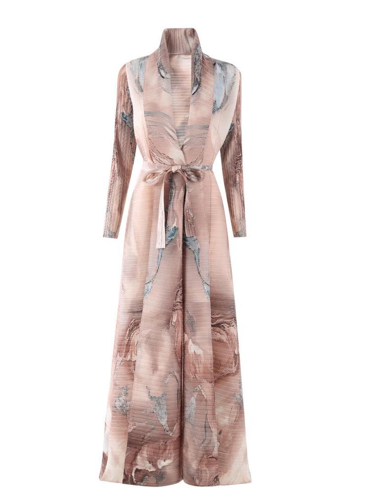 Pleated Printed Long Trench Coat for Women - 2025 Spring Lapel Loose Fit Plus Size Long Sleeve Robe