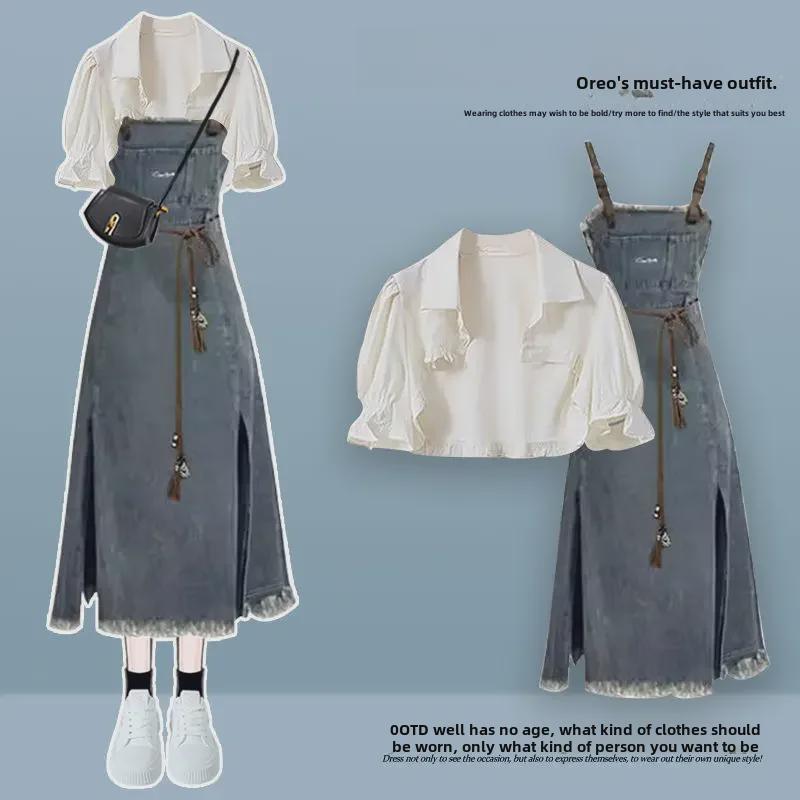 

Женский летний костюм в студенческом стиле 2024 года: Рубашка с короткими рукавами и облегающее джинсовое платье на подтяжках 4XL recommended for 180-200 catties