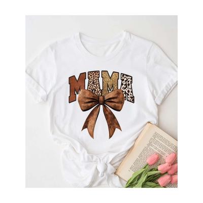 Europäische Größe Damen Polyester Weißes T-Shirt - "Mama" Tierprint und Schleifen-Design