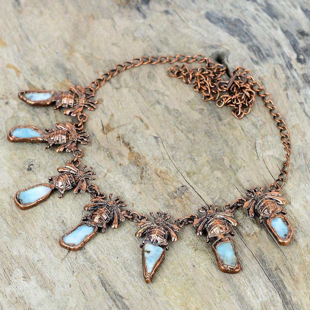 Larimar Rough Necklace Electroformed Copper Necklace Adjustable Chain Necklace Honey Bee Gemstone Jewelry Handmade Necklace Gifts for Mother