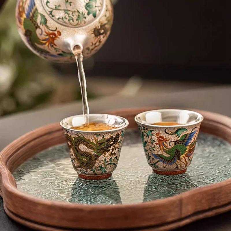 Ręcznie robiony ceramiczny czajnik do herbaty ze srebrem pozłacanym z motywem smoka i feniksa, filiżanki do herbaty, chiński zestaw do herbaty Kung Fu
