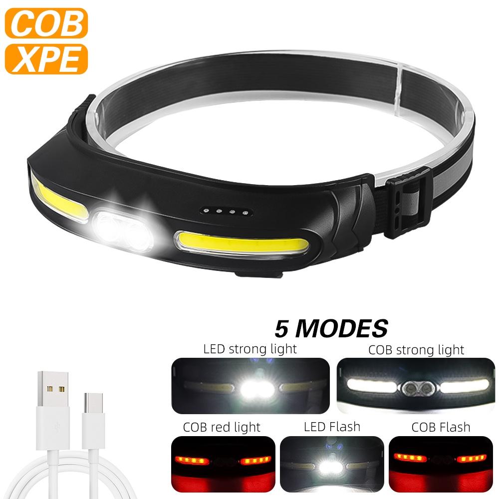 COB Headlamp 5 Modes Camping Wide Range Lamp Working Head Torch, Lightweight Portable Headlight Outdoor USB Rechargeable