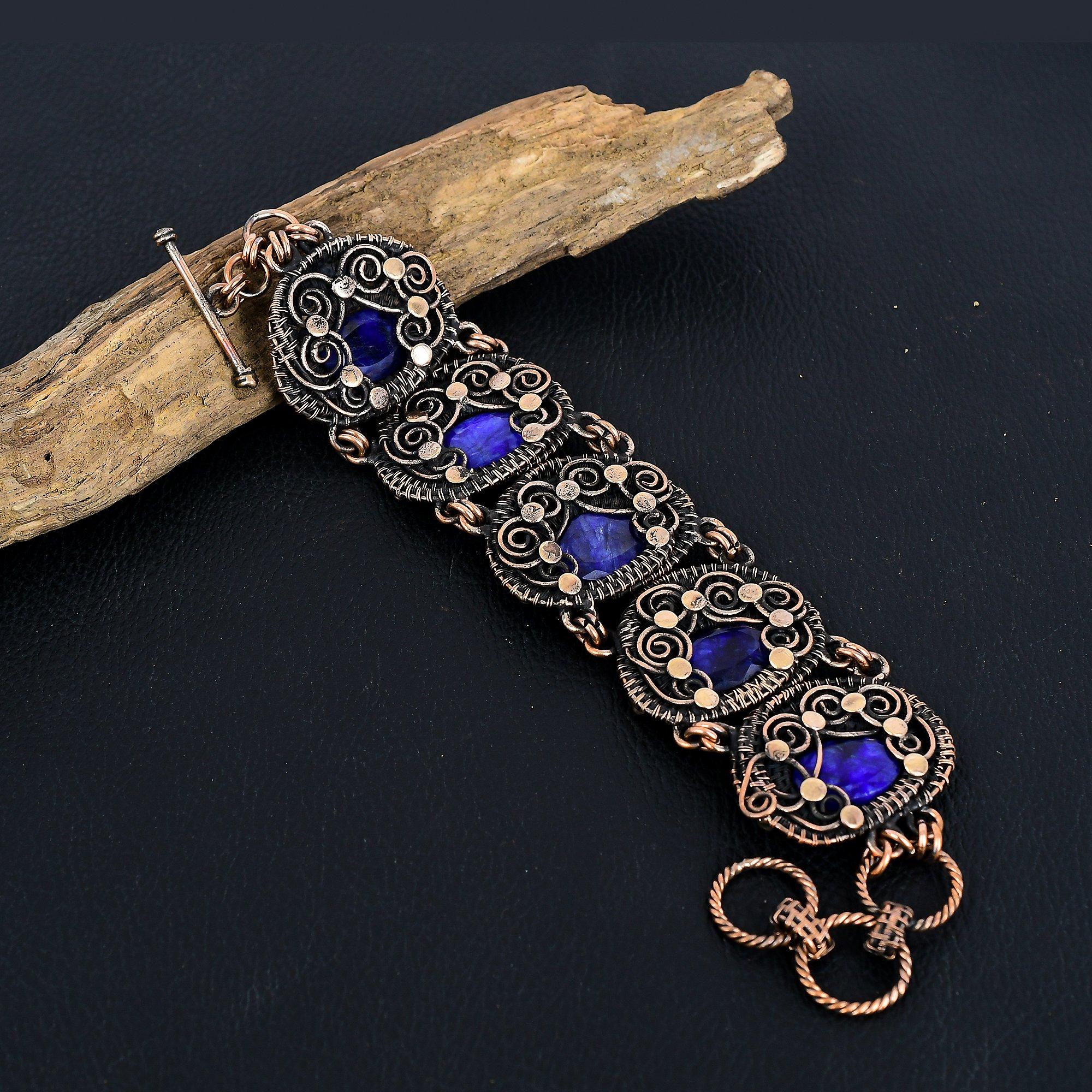 

Браслет с синим сапфиром, Браслет из натуральных камней ручной работы, Антикварное украшение, обернутое медной проволокой 999 пробы, Для подарка на помолвку 8 Inches