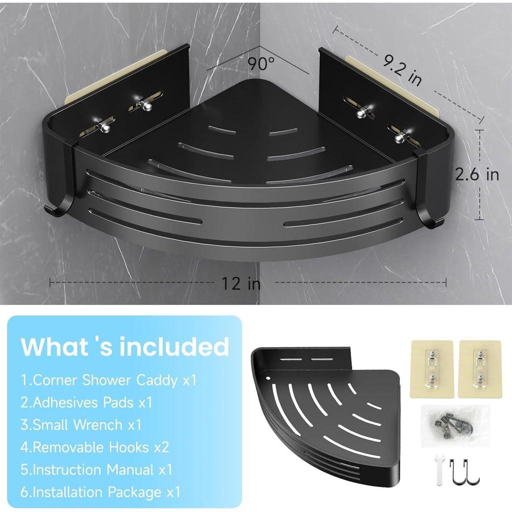 Bathroom Corner Shelf | Self Adhesive Stainless Steel Corner Shelf for Bathroom | Bathroom Organiser Without Drill with 2 Hooks