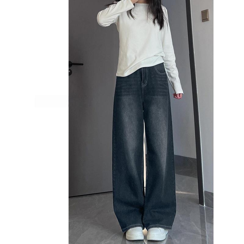 Women's Plus Size High-Waist Fleece-Lined Wide-Leg Jeans, Autumn/Winter Style, Loose Straight Floor-Length Fit.