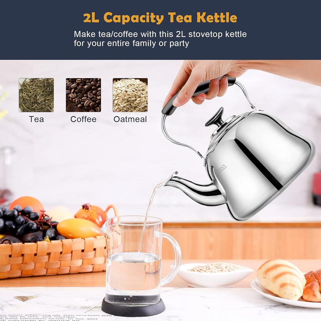 Tea Kettle Stovetop Whistling Teakettle ClassicTeapot Stainless Steel Tea Pots for Stove Top with Heat-resistant Folding Handle Mirror Finish, 2