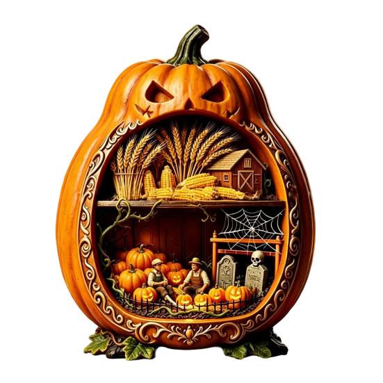 Rustic Halloween Tabletop Decor Centerpiece Pumpkin, Wooden Pumpkin Ornament with Miniature Scenes, Jack-o'-lantern Table Decorations Skeleton