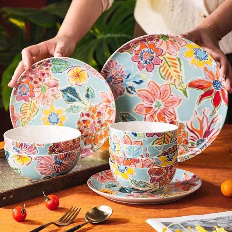 Piatti in Ceramica con Fiori Creativi Piatto da Bistecca per Ristoranti di Lusso Ciotole Deliziose per Ramen per la Casa Stoviglie Rotonde Raffinate