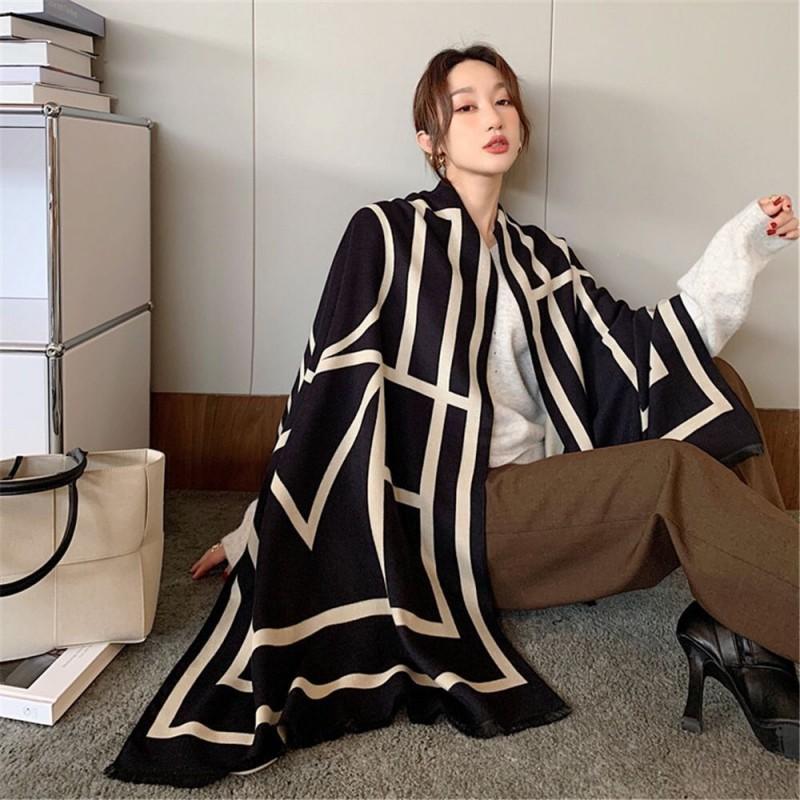 Korean-Style Geometric Colorblock Faux Cashmere Scarf Long Warm Shawl With Tassels Winter Office Wear