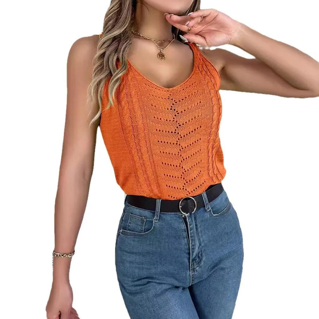 Spring/Summer Women's Casual Solid Color V-neck Hollow Top Vacation Knitwear Elegant Woman Sleeveless Suspender Fashion Tank Top