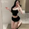 Pure desire with chest pad suspender shorts two-piece set deep V temptation sexy split women's suit set