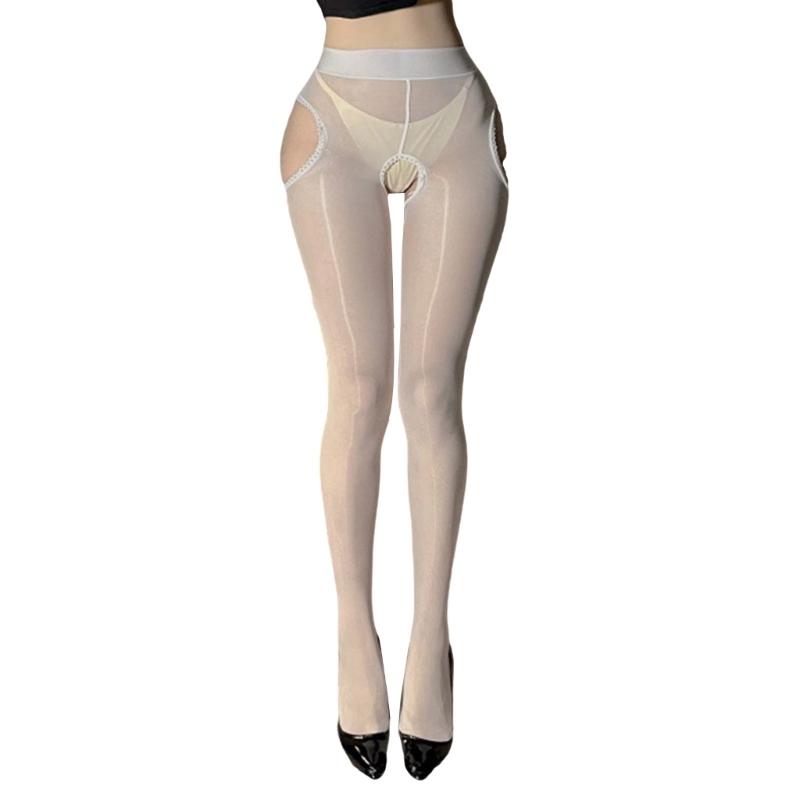 Sheer Silk Stockings Garter Belt Suspender Pantyhose for Women See Through Open Crotch Cutout Tights Leggings Lingerie