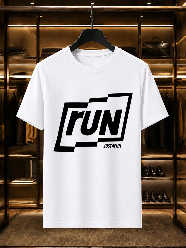 2026 New Arrival 100 Cotton Tshirt Run Irregular Frame Letter With Just4fun Small Text Print Crew Neck Unisex Sports Loose Casual